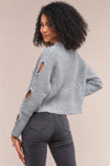 Grey Round Neck Long Cut-Out Detail Sleeve Cable Knit Cropped Sweater /4-2 - Tasha Apparel Wholesale