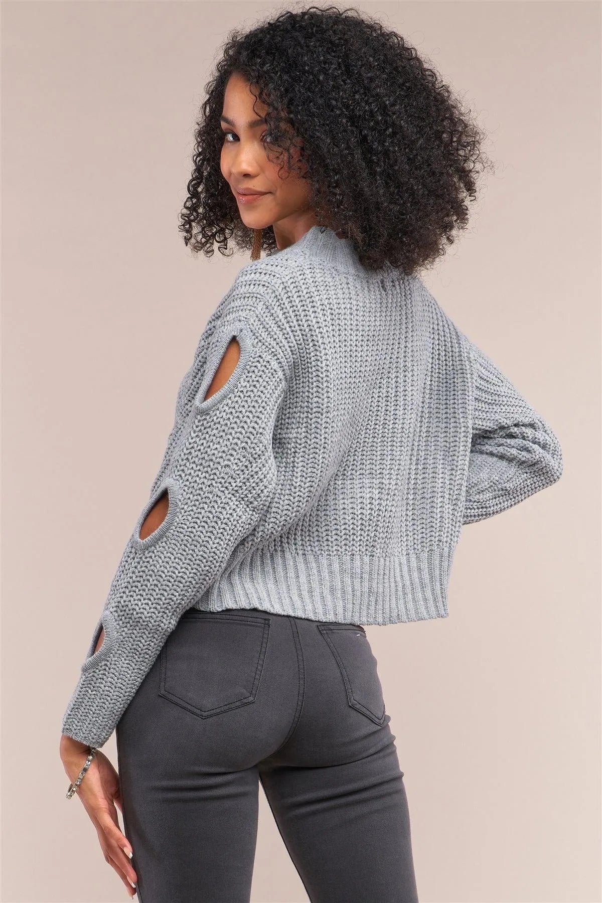 Grey Round Neck Long Cut-Out Detail Sleeve Cable Knit Cropped Sweater /4-2 - Tasha Apparel Wholesale