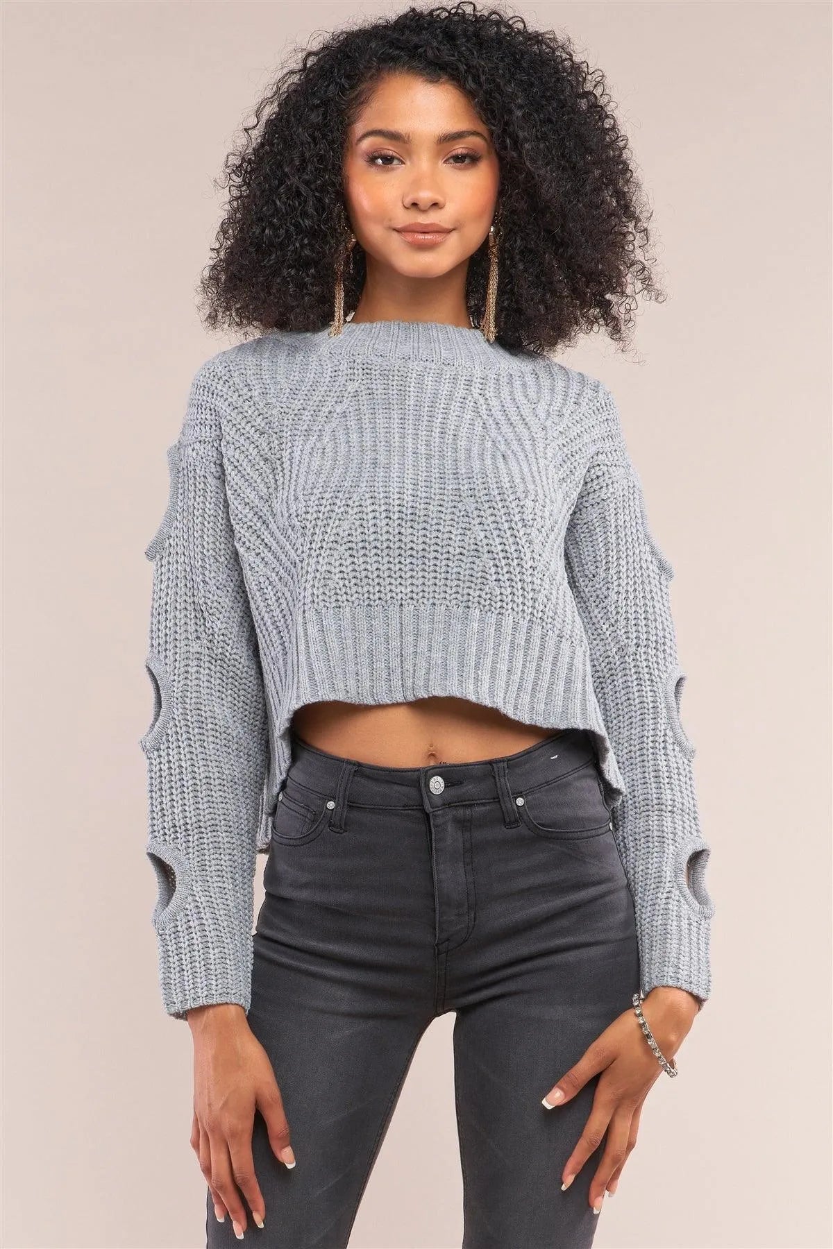 Grey Round Neck Long Cut-Out Detail Sleeve Cable Knit Cropped Sweater /4-2 - Tasha Apparel Wholesale