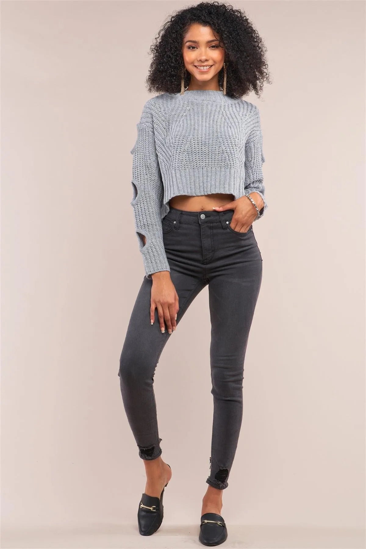 Grey Round Neck Long Cut-Out Detail Sleeve Cable Knit Cropped Sweater /4-2 - Tasha Apparel Wholesale