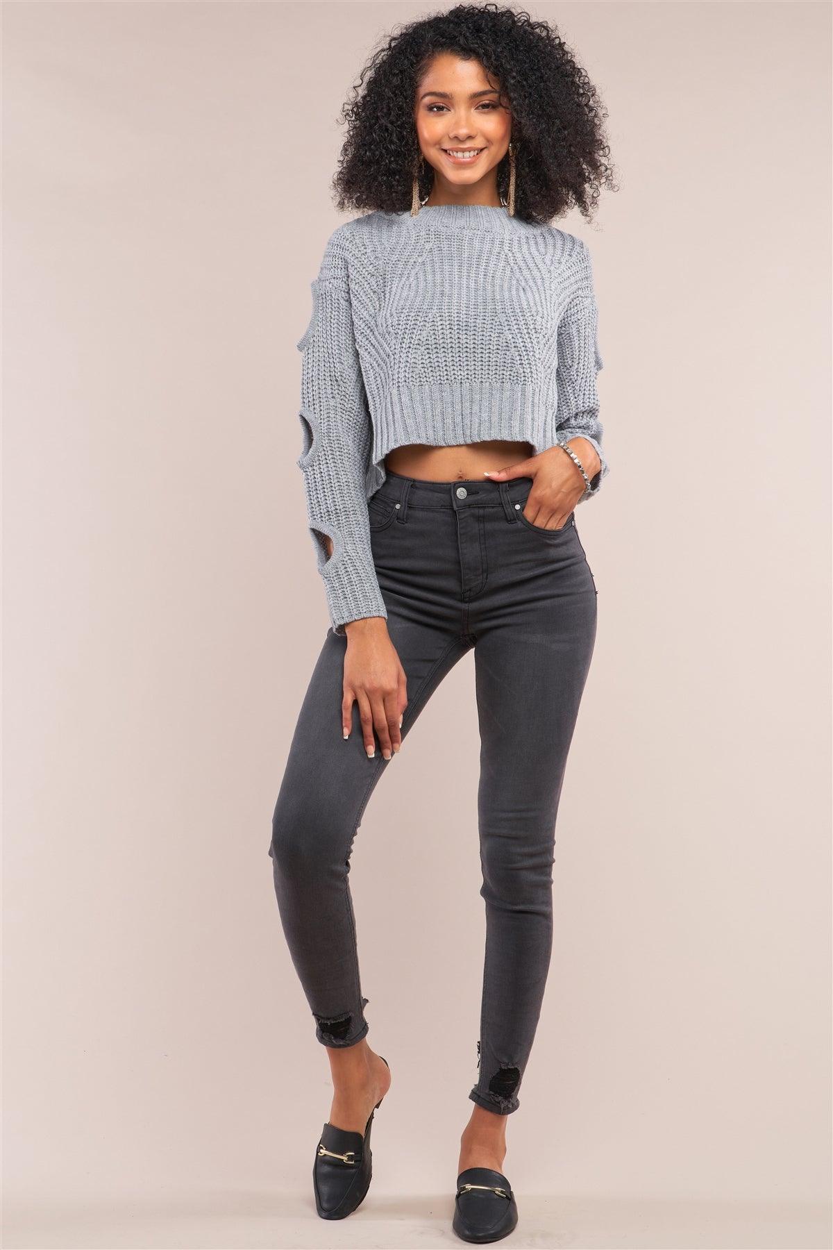 Grey Round Neck Long Cut-Out Detail Sleeve Cable Knit Cropped Sweater