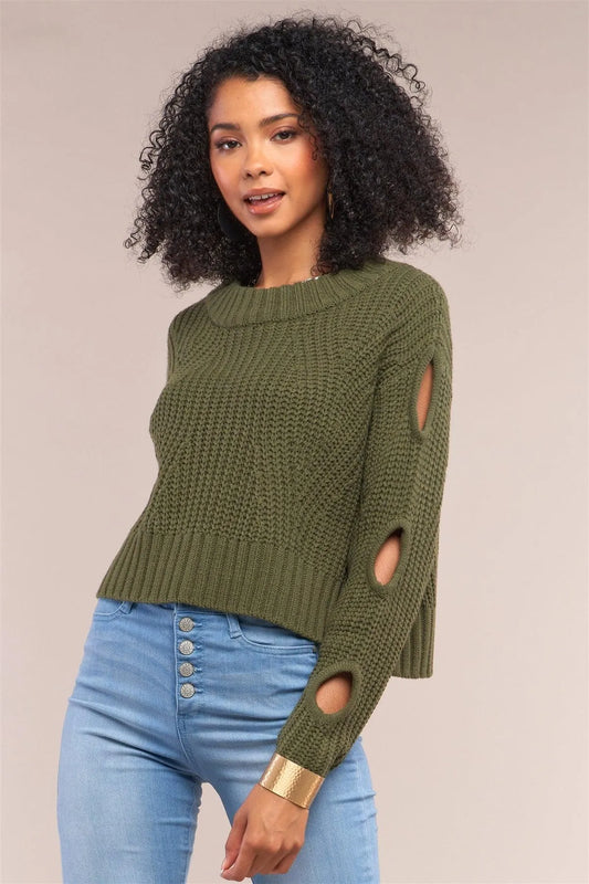 Olive Round Neck Long Cut-Out Detail Sleeve Cable Knit Cropped Sweater - Tasha Apparel Wholesale