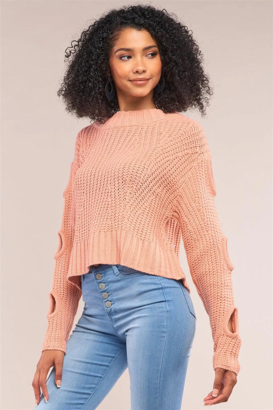 Salmon Round Neck Long Cut-Out Detail Sleeve Cable Knit Cropped Sweater /4-2 - Tasha Apparel Wholesale