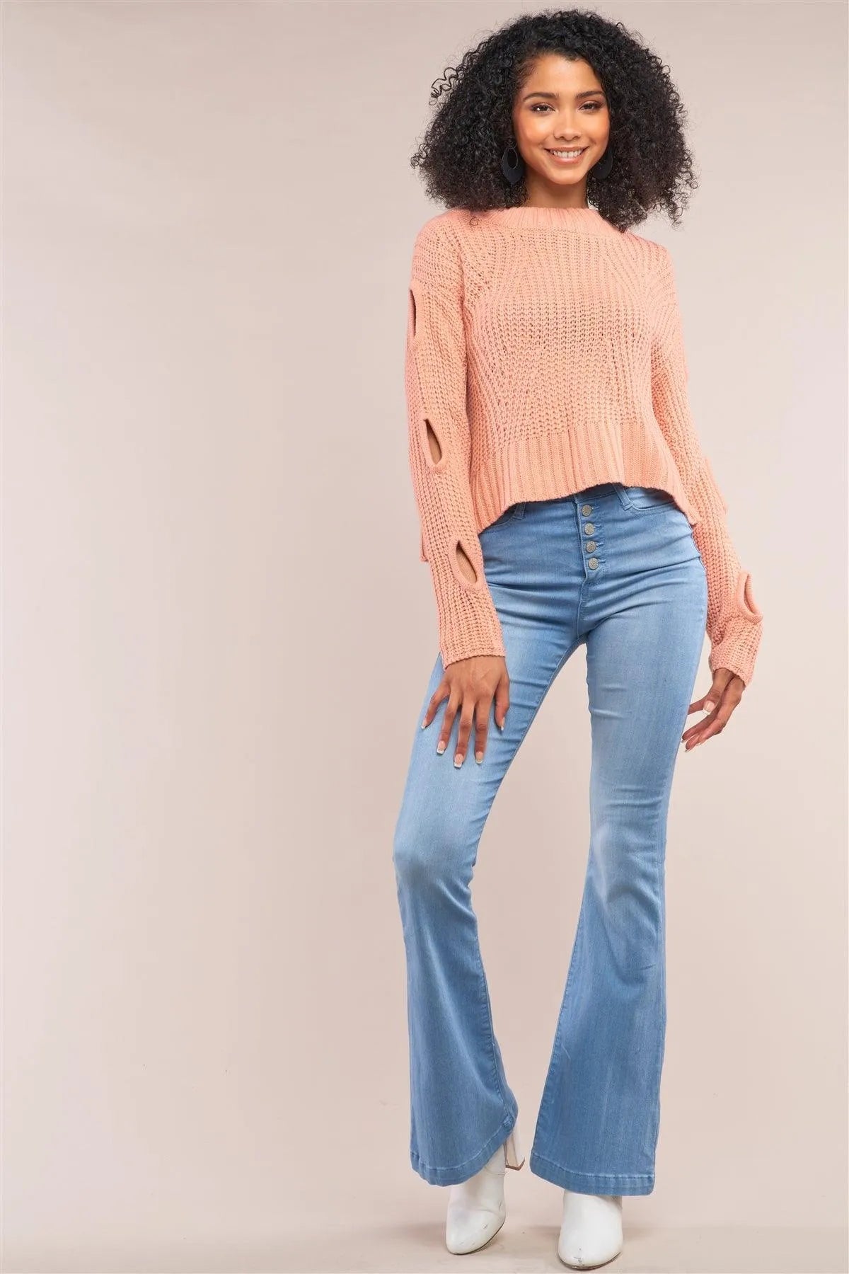Salmon Round Neck Long Cut-Out Detail Sleeve Cable Knit Cropped Sweater /4-2 - Tasha Apparel Wholesale