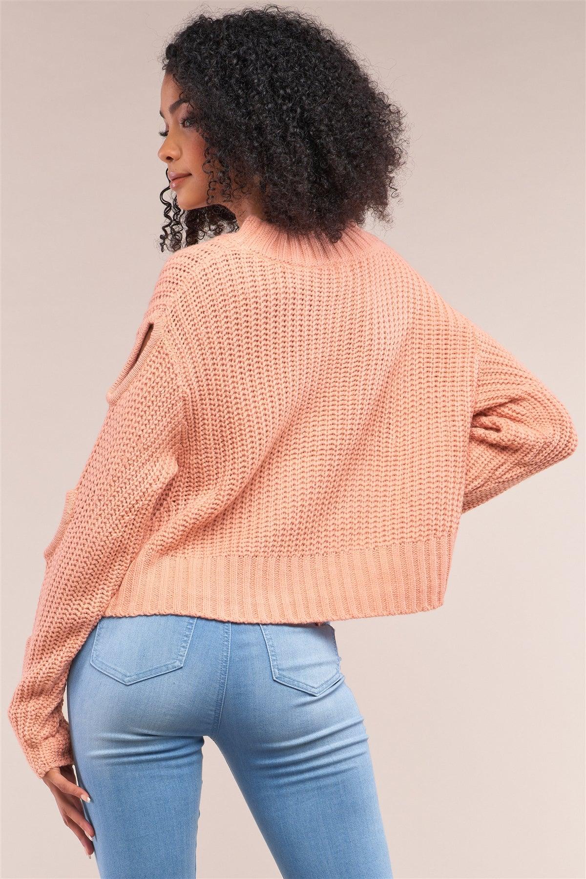 Salmon Round Neck Long Cut-Out Detail Sleeve Cable Knit Cropped Sweater