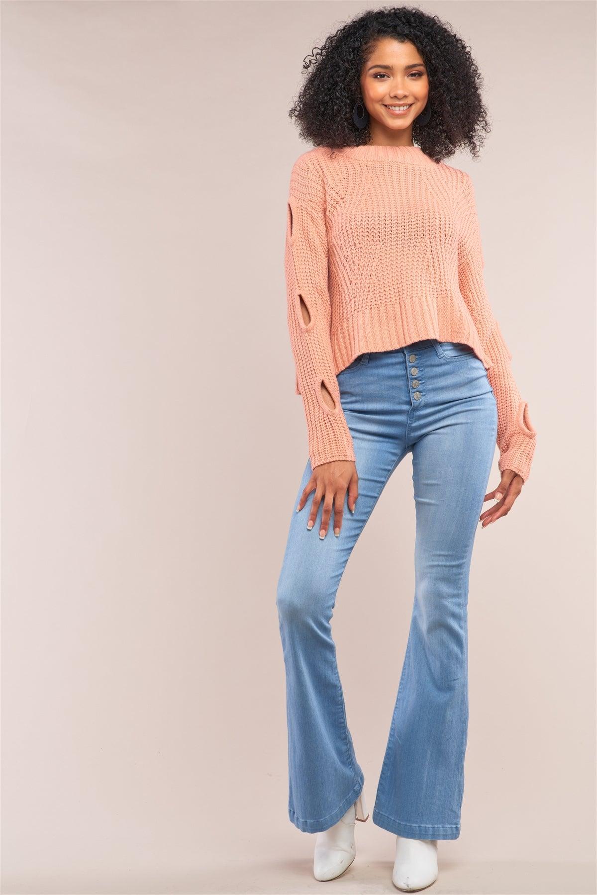 Salmon Round Neck Long Cut-Out Detail Sleeve Cable Knit Cropped Sweater