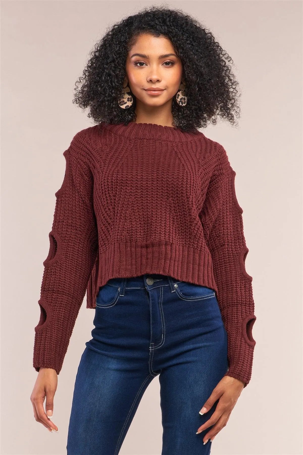 Wine Round Neck Long Cut-Out Detail Sleeve Cable Knit Cropped Sweater /4-2 - Tasha Apparel Wholesale