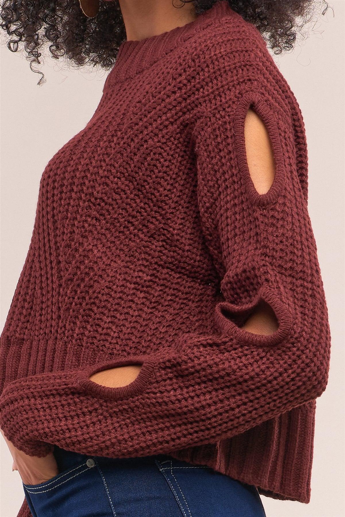Wine Round Neck Long Cut-Out Detail Sleeve Cable Knit Cropped Sweater /4-2