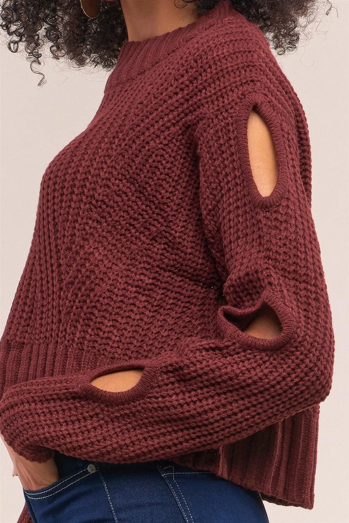 Wine Round Neck Long Cut-Out Detail Sleeve Cable Knit Cropped Sweater /4-2 - Tasha Apparel Wholesale