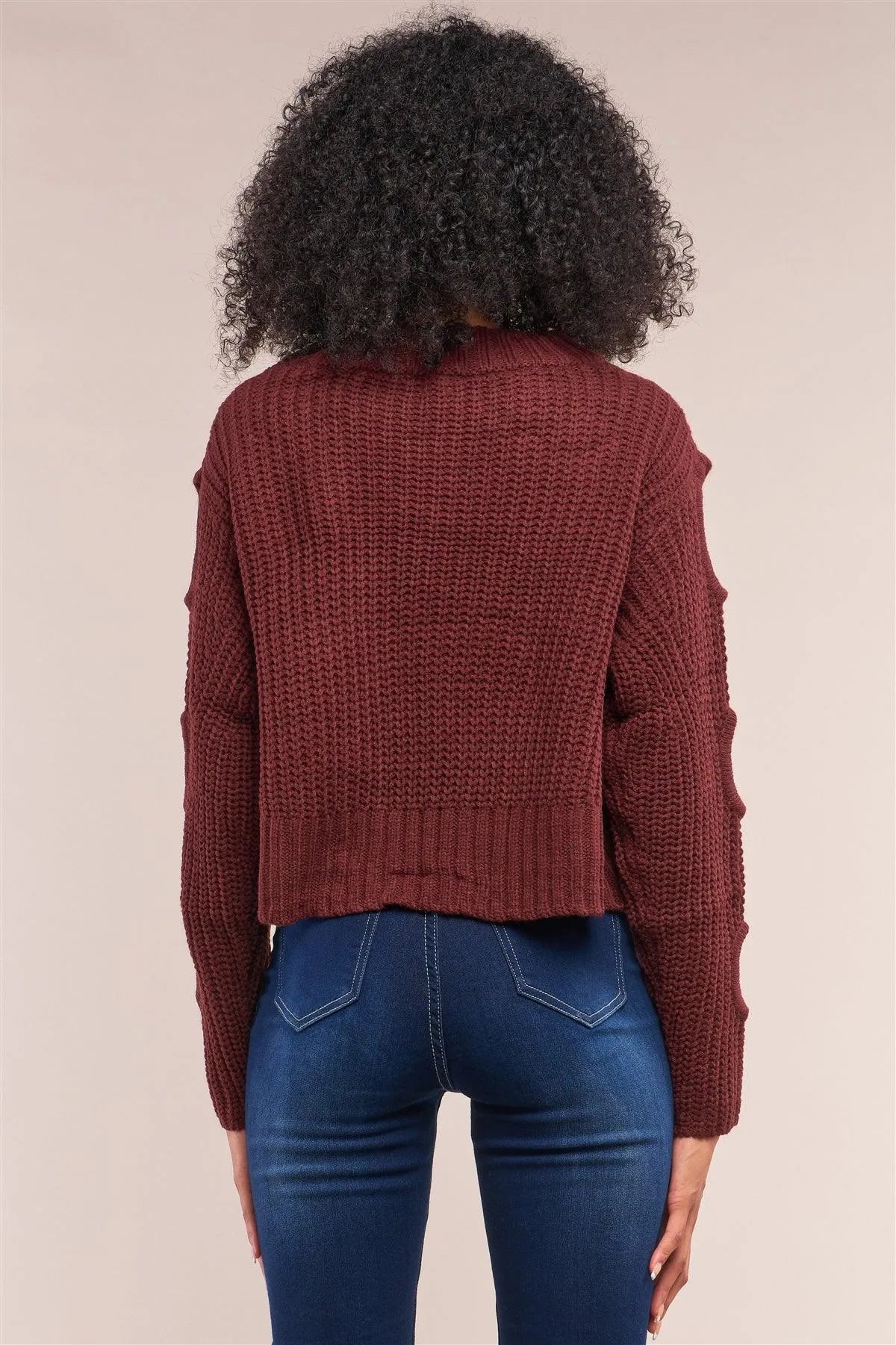 Wine Round Neck Long Cut-Out Detail Sleeve Cable Knit Cropped Sweater - Tasha Apparel Wholesale