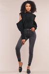 Black Knit Ribbed Neck Long Pleated Sleeve Cut-Out Detail Cropped Sweater