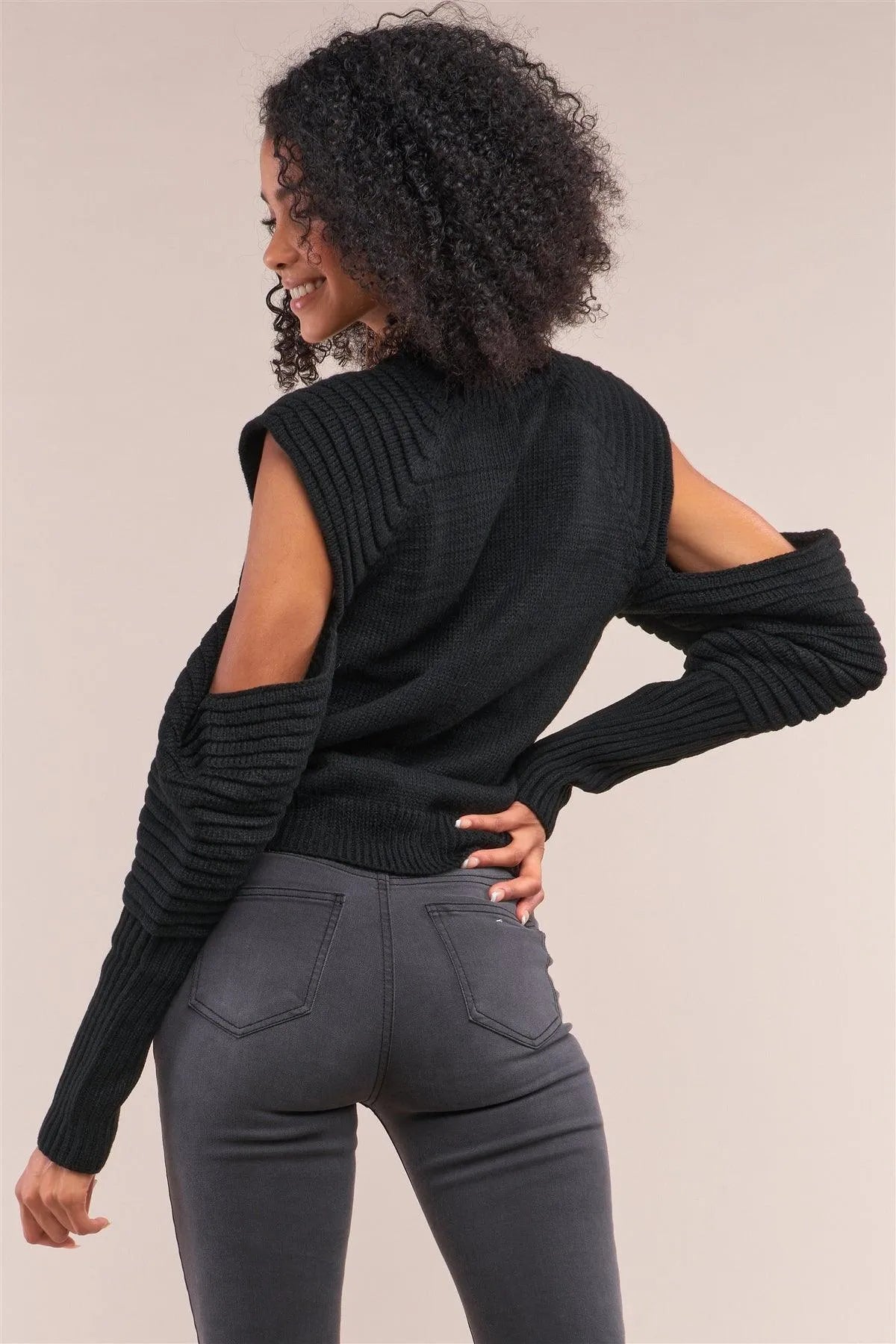 Black Knit Ribbed Neck Long Pleated Sleeve Cut-Out Detail Cropped Sweater - Tasha Apparel Wholesale