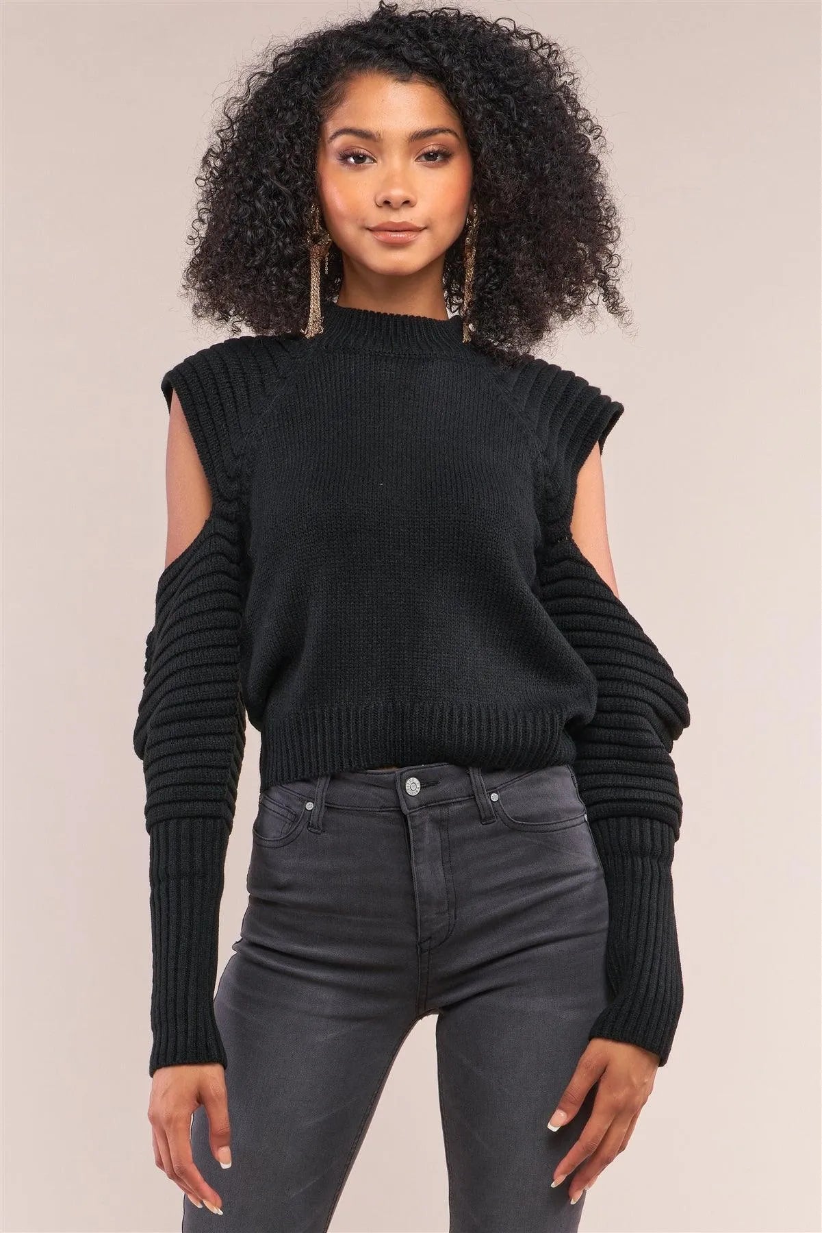 Black Knit Ribbed Neck Long Pleated Sleeve Cut-Out Detail Cropped Sweater - Tasha Apparel Wholesale