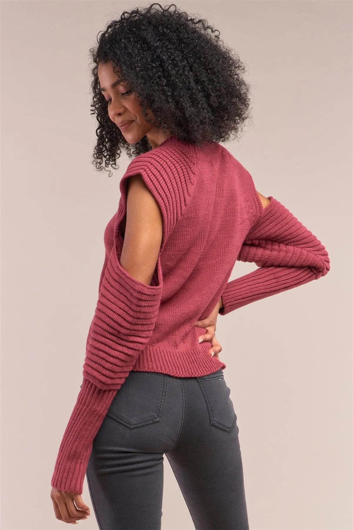 Cranberry Red Knit Ribbed Neck Long Pleated Sleeve Cut-Out Detail Cropped Sweater /4-2 - Tasha Apparel Wholesale