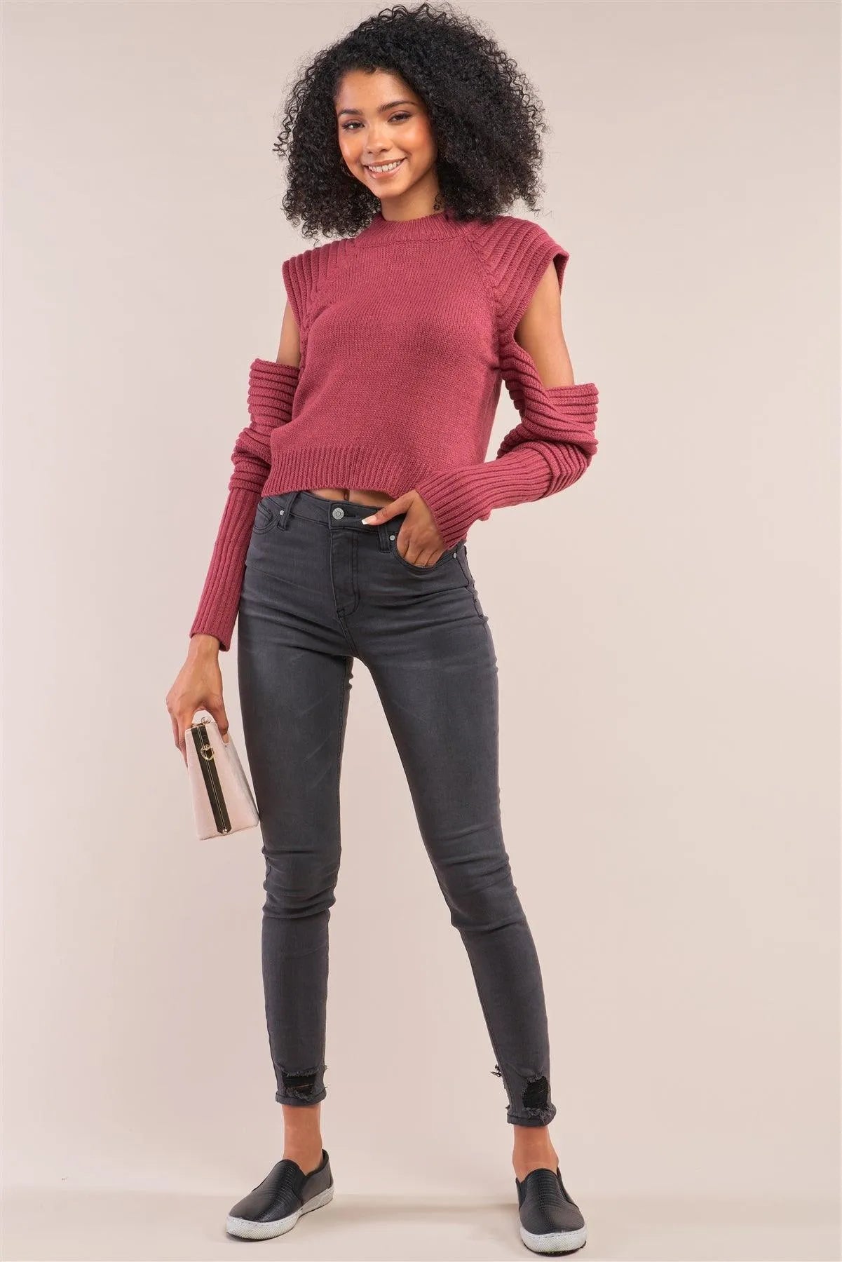 Cranberry Red Knit Ribbed Neck Long Pleated Sleeve Cut-Out Detail Cropped Sweater /4-2 - Tasha Apparel Wholesale