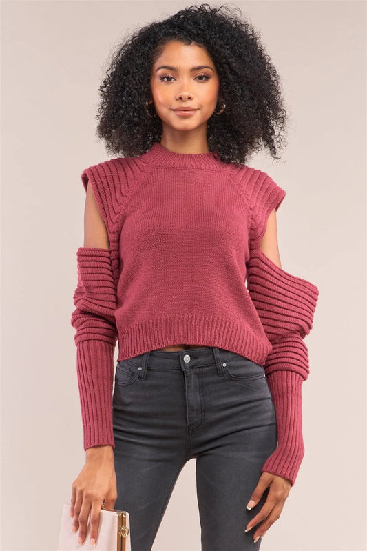 Cranberry Red Knit Ribbed Neck Long Pleated Sleeve Cut-Out Detail Cropped Sweater - Tasha Apparel Wholesale