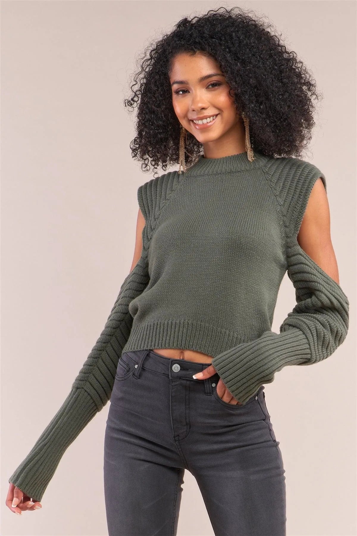 Olive Knit Ribbed Neck Long Pleated Sleeve Cut-Out Detail Cropped Sweater /4-2 - Tasha Apparel Wholesale