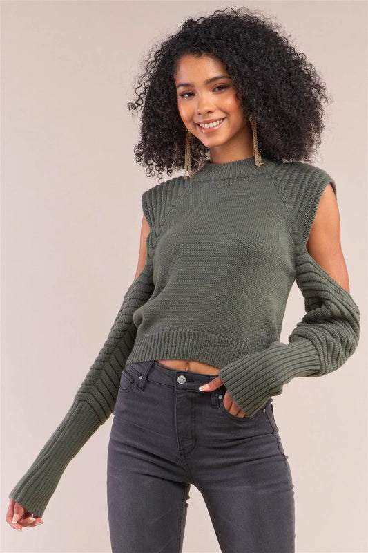 Olive Knit Ribbed Neck Long Pleated Sleeve Cut-Out Detail Cropped Sweater /4-2 - Tasha Apparel Wholesale