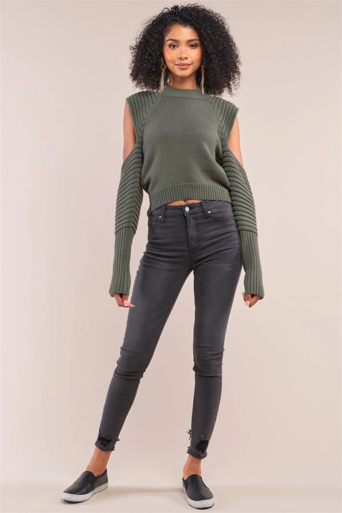 Olive Knit Ribbed Neck Long Pleated Sleeve Cut-Out Detail Cropped Sweater /4-2 - Tasha Apparel Wholesale