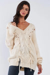 Beige Cable Knit Draw String Self Tie V-Neck Long Sleeve Oversized Sweater /4-2 - Tasha Apparel Wholesale
