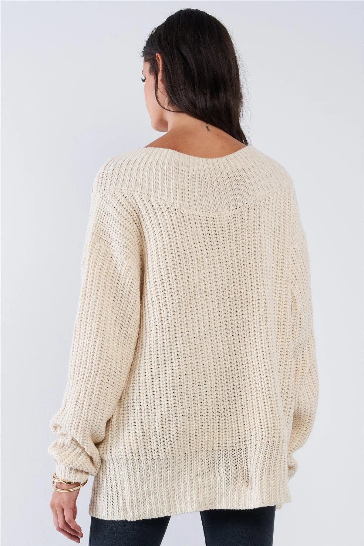 Beige Cable Knit Draw String Self Tie V-Neck Long Sleeve Oversized Sweater - Tasha Apparel Wholesale