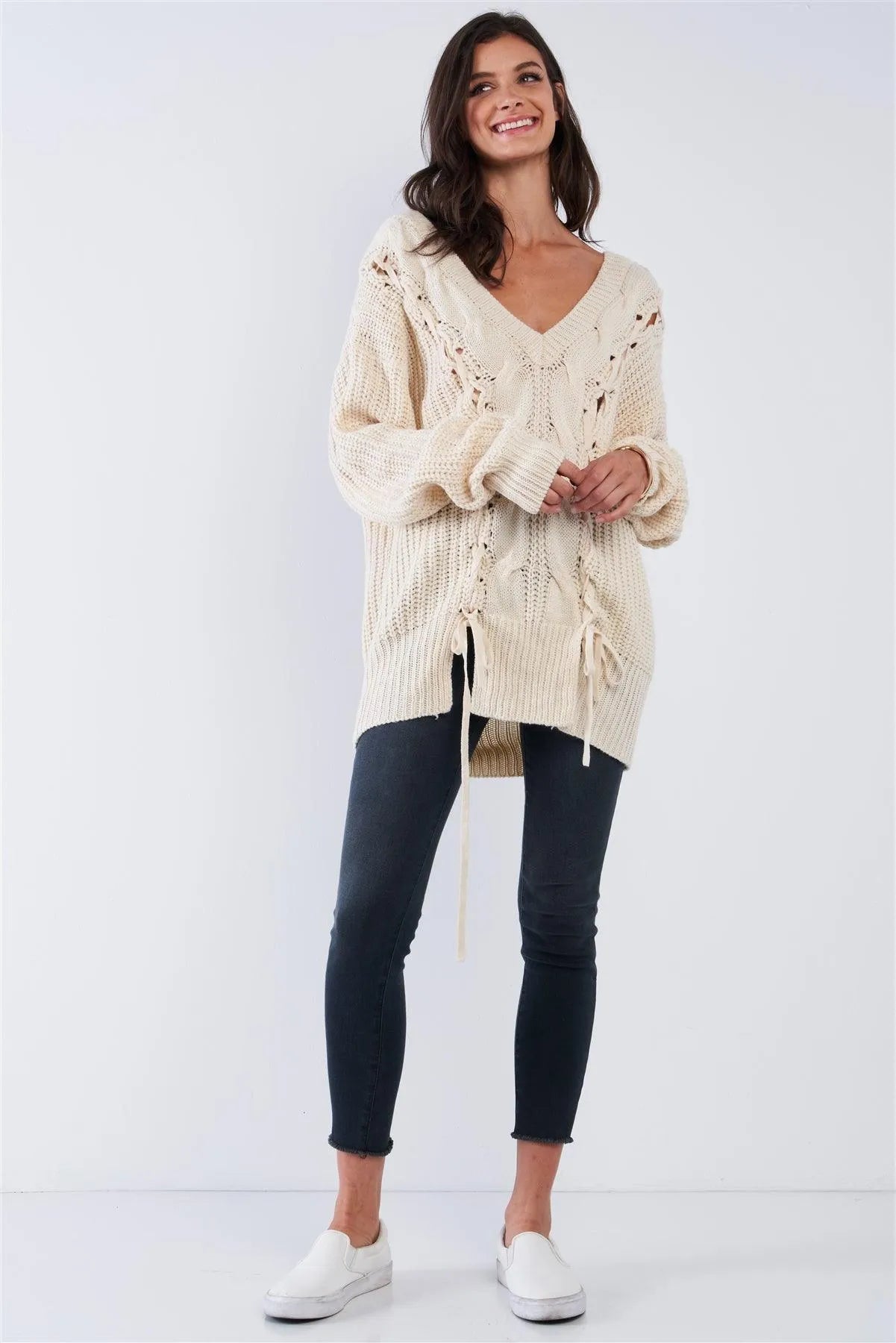 Beige Cable Knit Draw String Self Tie V-Neck Long Sleeve Oversized Sweater - Tasha Apparel Wholesale