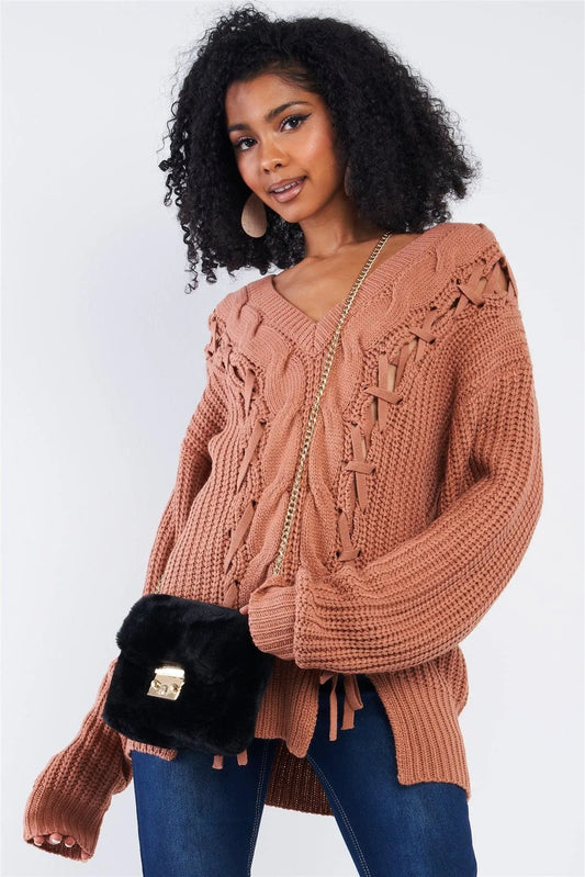 Dark Salmon Red Cable Knit Draw String Self Tie V-Neck Long Sleeve Oversized Sweater /4-2 - Tasha Apparel Wholesale