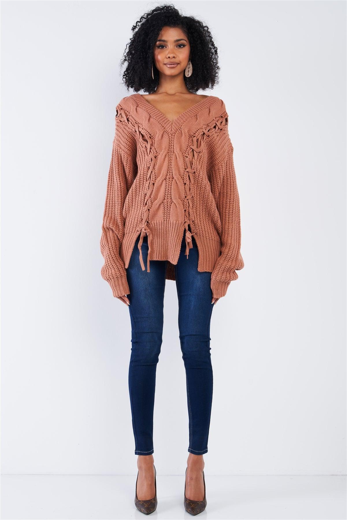 Dark Salmon Red Cable Knit Draw String Self Tie V-Neck Long Sleeve Oversized Sweater
