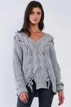 Light Grey Cable Knit Draw String Self Tie V-Neck Long Sleeve Oversized Sweater - Tasha Apparel Wholesale