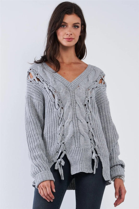 Light Grey Cable Knit Draw String Self Tie V-Neck Long Sleeve Oversized Sweater - Tasha Apparel Wholesale