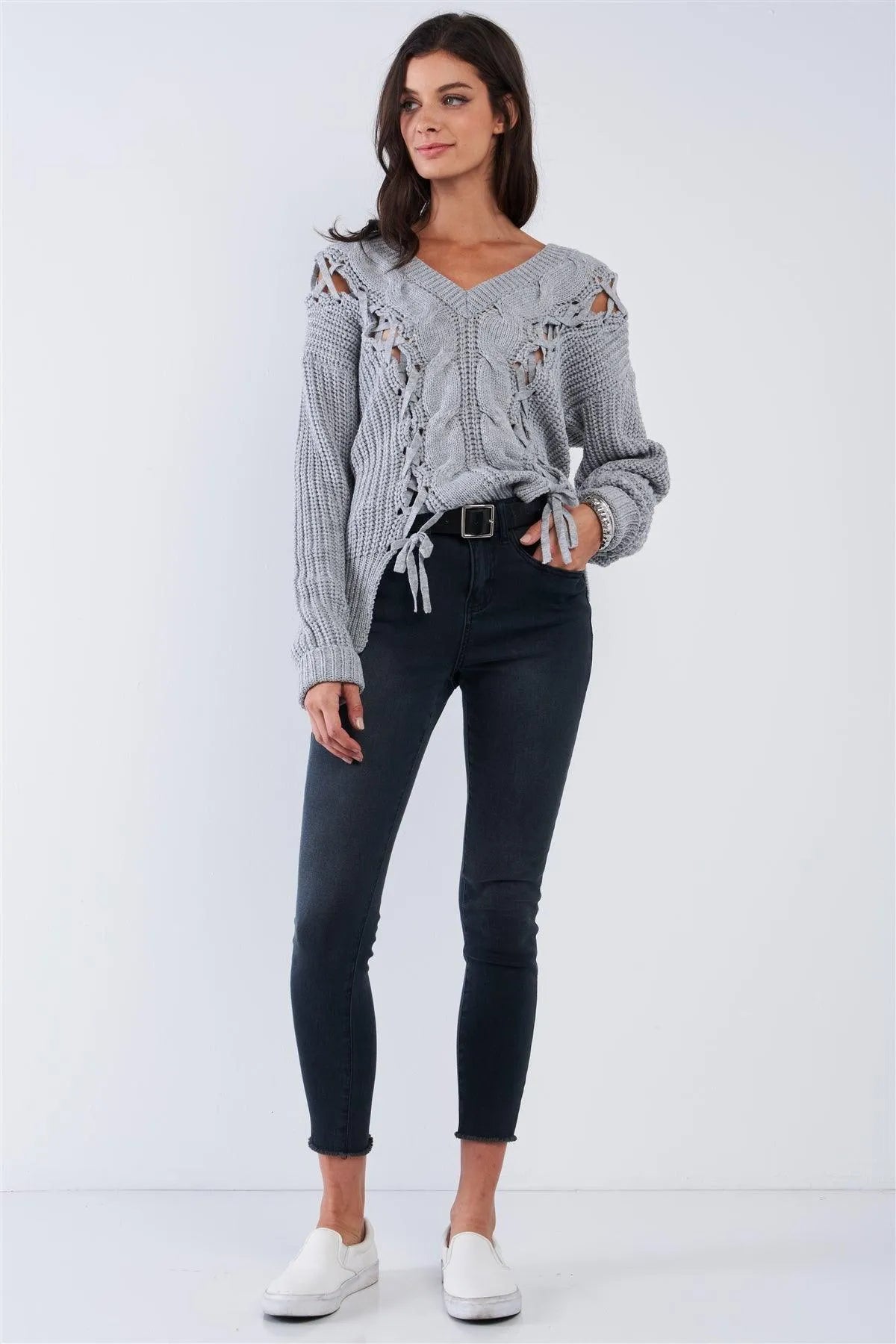 Light Grey Cable Knit Draw String Self Tie V-Neck Long Sleeve Oversized Sweater - Tasha Apparel Wholesale