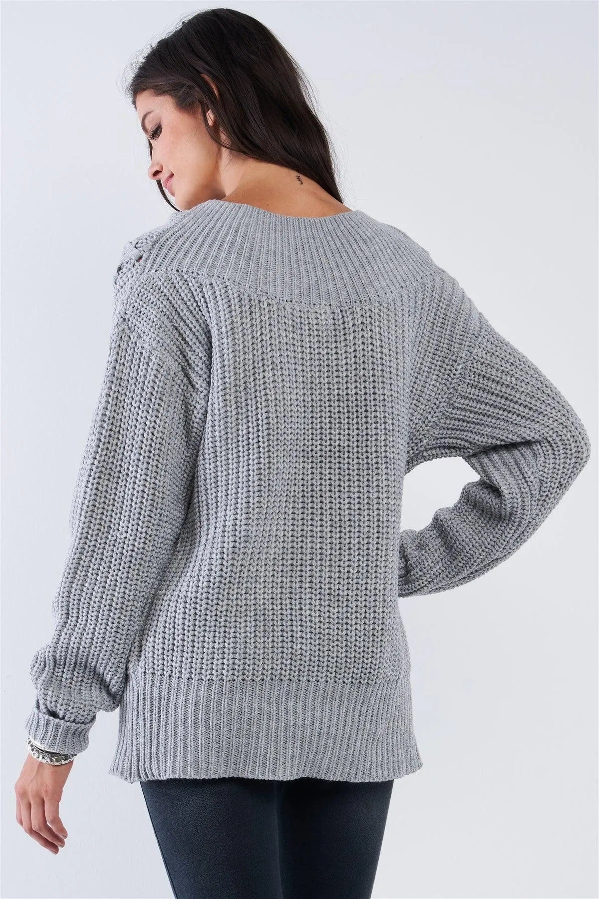 Light Grey Cable Knit Draw String Self Tie V-Neck Long Sleeve Oversized Sweater - Tasha Apparel Wholesale