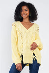 Light Yellow Cable Knit Draw String Self Tie V-Neck Long Sleeve Oversized Sweater /4-2 - Tasha Apparel Wholesale