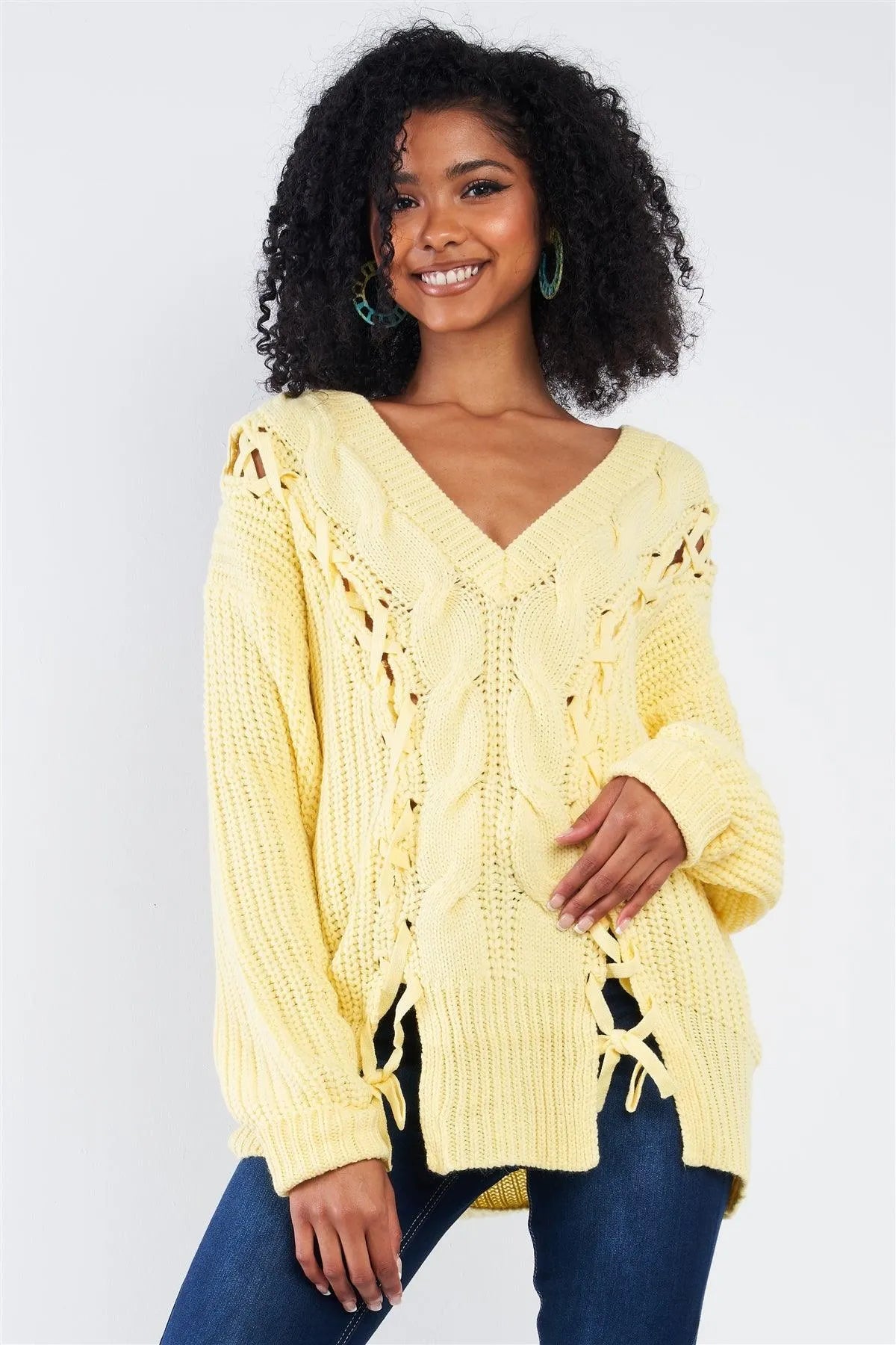 Light Yellow Cable Knit Draw String Self Tie V-Neck Long Sleeve Oversized Sweater /4-2 - Tasha Apparel Wholesale