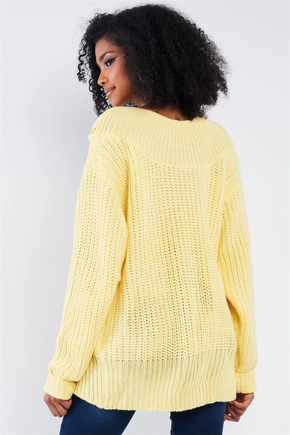 Light Yellow Cable Knit Draw String Self Tie V-Neck Long Sleeve Oversized Sweater /4-2 - Tasha Apparel Wholesale