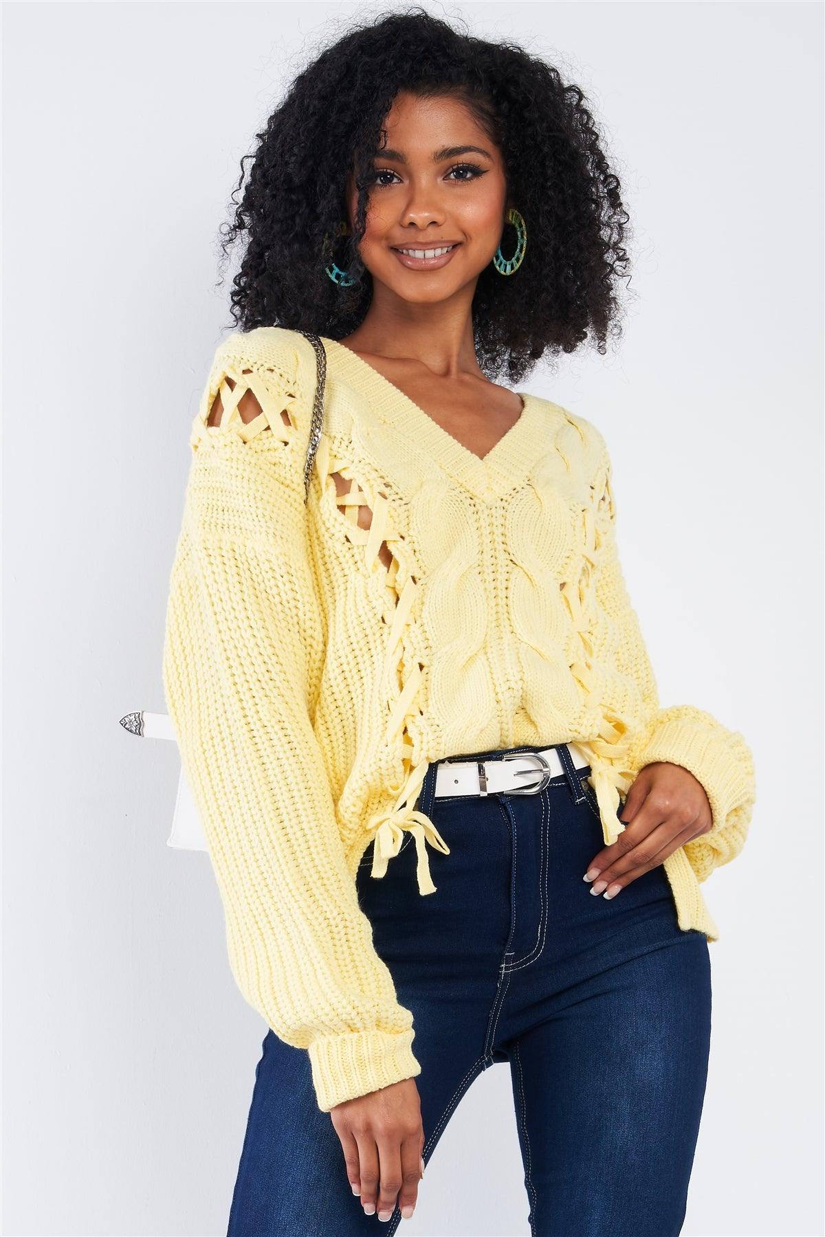 Light Yellow Cable Knit Draw String Self Tie V-Neck Long Sleeve Oversized Sweater /4-2