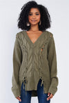 Olive Green Cable Knit Draw String Self Tie V-Neck Long Sleeve Oversized Sweater /4-2