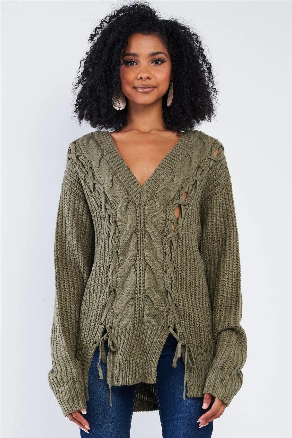 Wholesale Olive Green Cable Knit Draw String Self Tie V-Neck Long ...