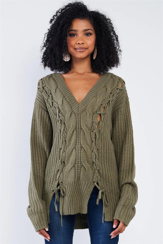 Olive Green Cable Knit Draw String Self Tie V-Neck Long Sleeve Oversized Sweater - Tasha Apparel Wholesale