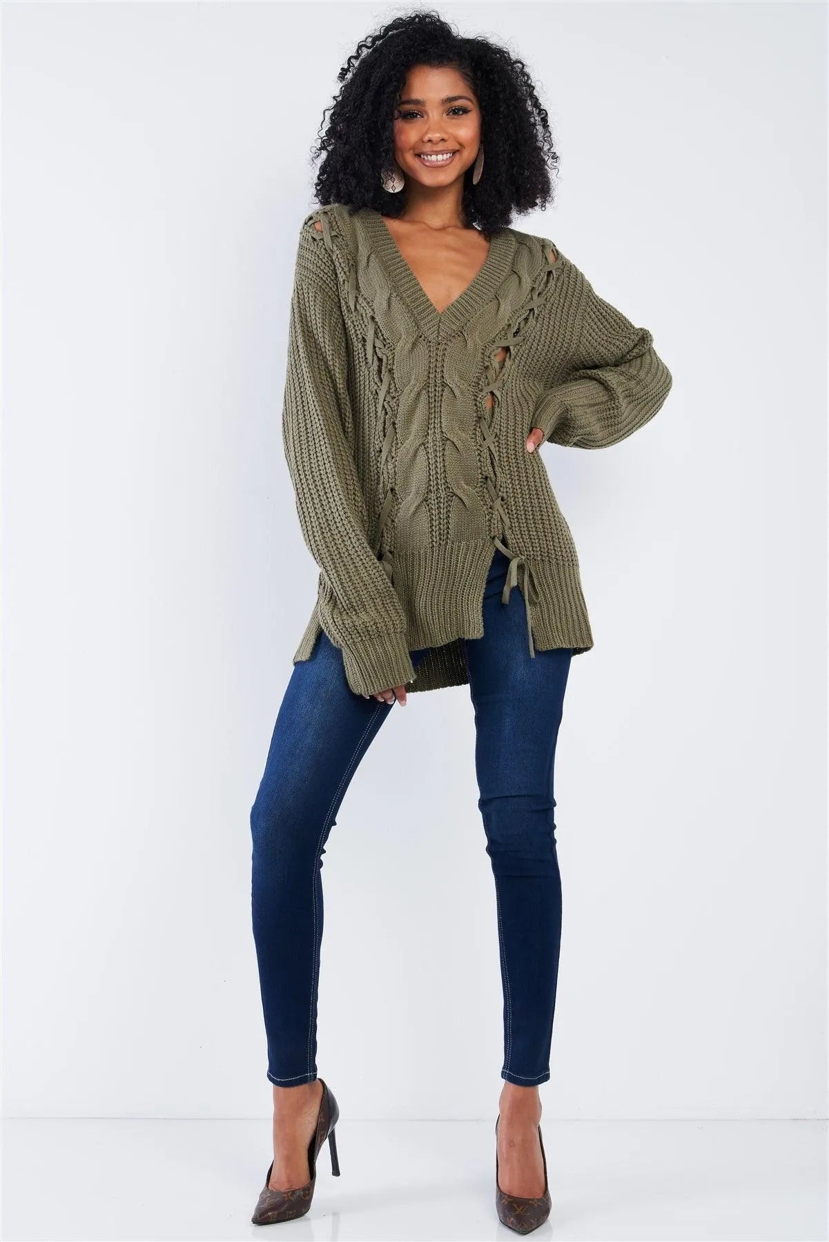 Olive Green Cable Knit Draw String Self Tie V-Neck Long Sleeve Oversized Sweater - Tasha Apparel Wholesale