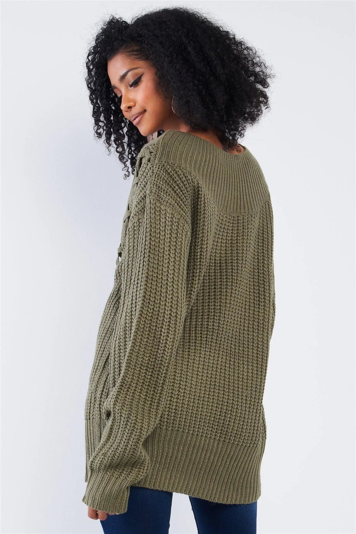 Olive Green Cable Knit Draw String Self Tie V-Neck Long Sleeve Oversized Sweater - Tasha Apparel Wholesale