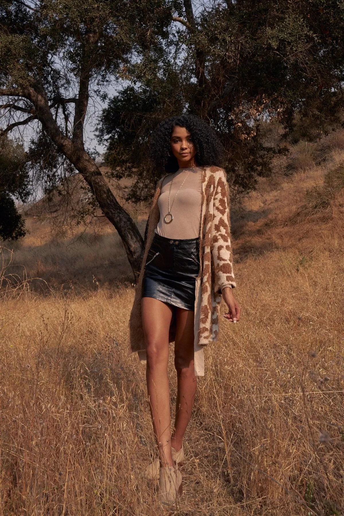 Camel Animal Print Long Sleeve Fuzzy Open Front Cardigan Sweater /4-2 - Tasha Apparel Wholesale