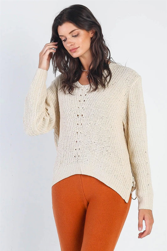 Ivory Zip-Down Detail Long Sleeve Knit Top /4-2 - Tasha Apparel Wholesale