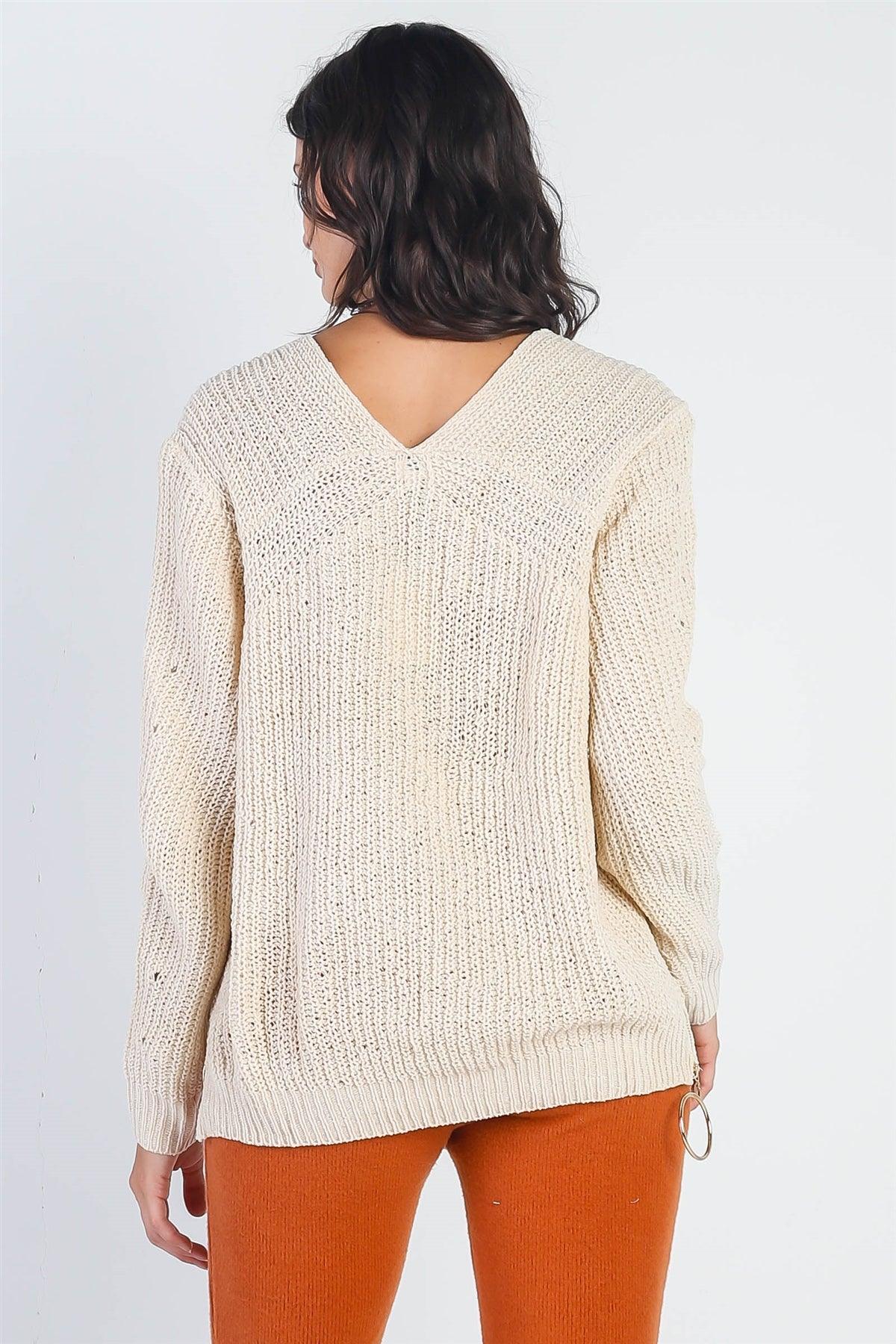 Ivory Knit Zip-Down Detail Long Sleeve Sweater /4-2