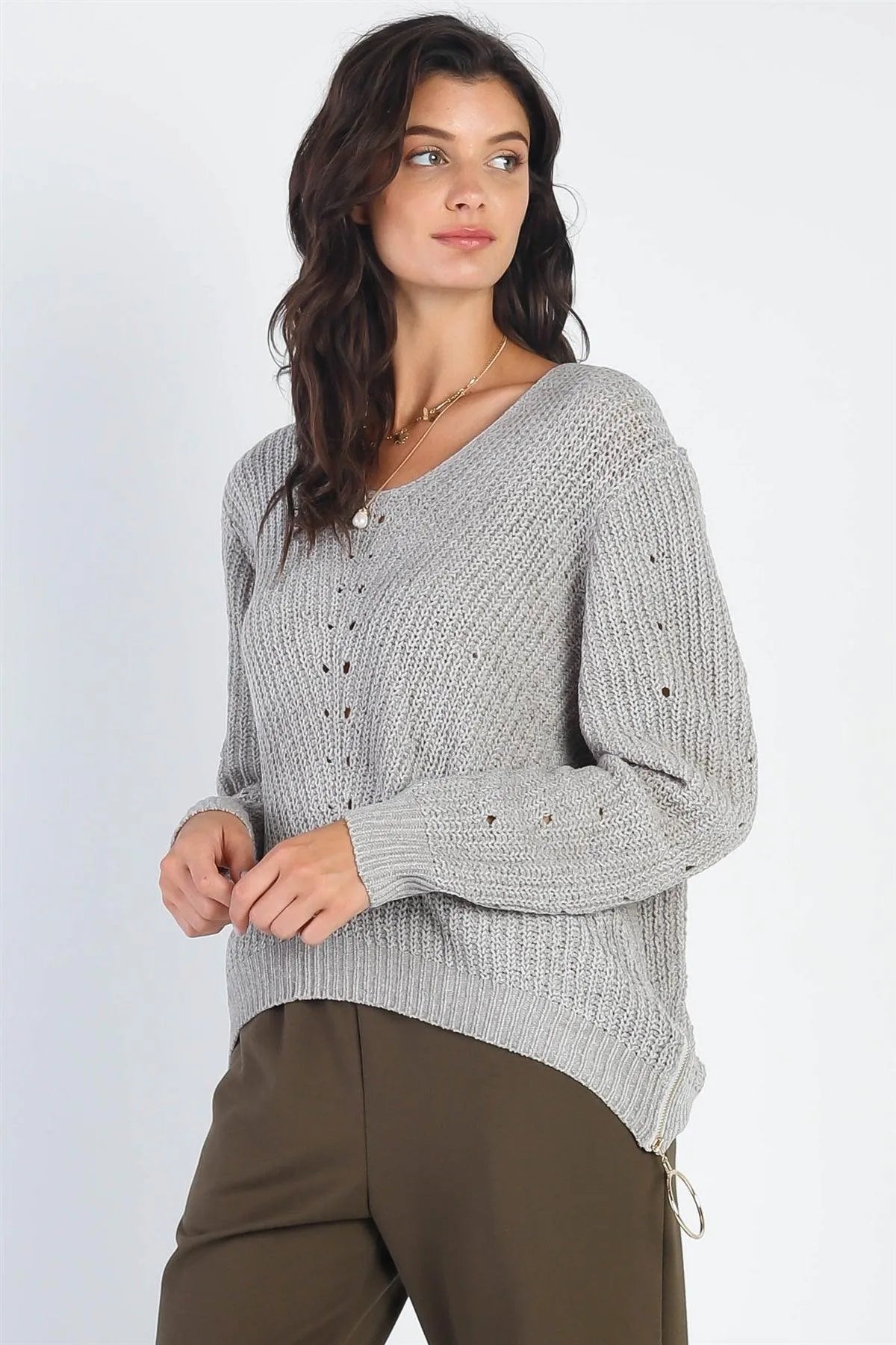 Light Grey Knit Zip-Down Detail Long Sleeve Sweater /4-2 - Tasha Apparel Wholesale