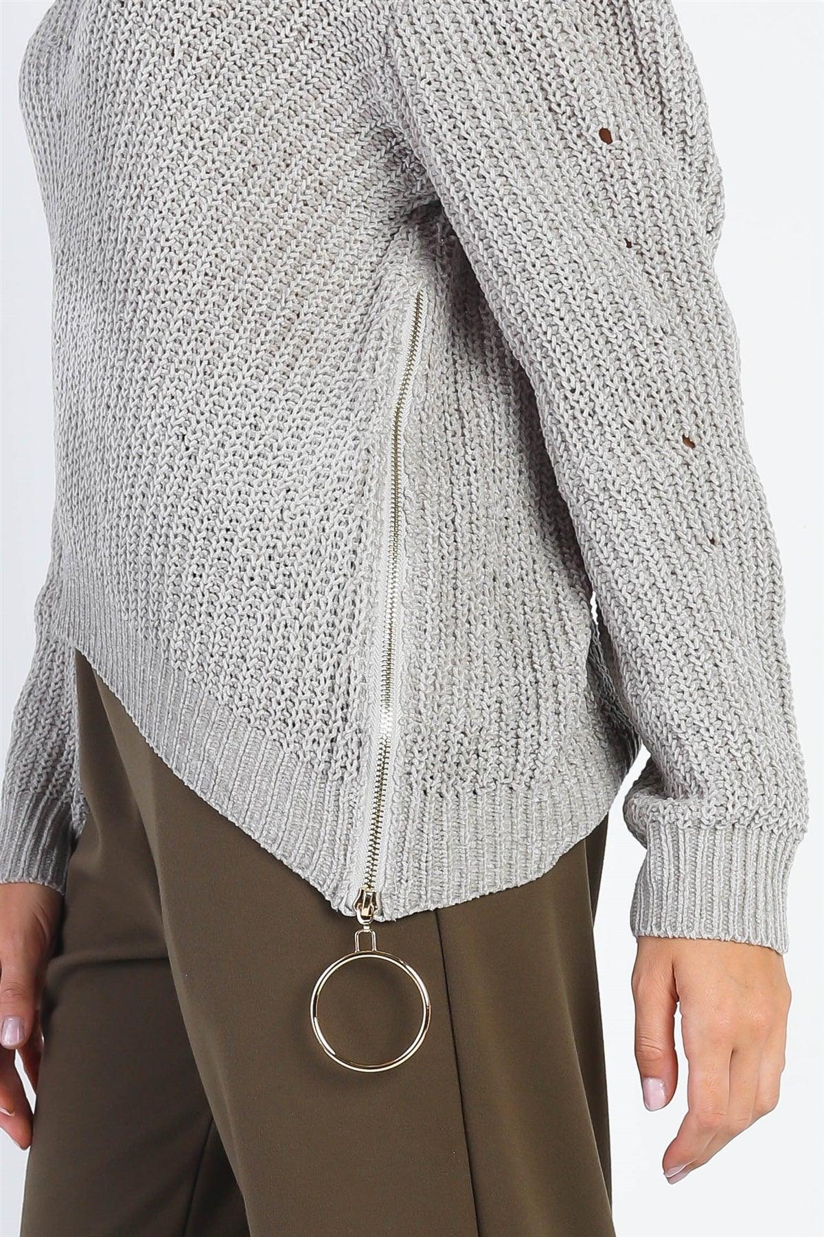 Light Grey Knit Zip-Down Detail Long Sleeve Sweater /4-2