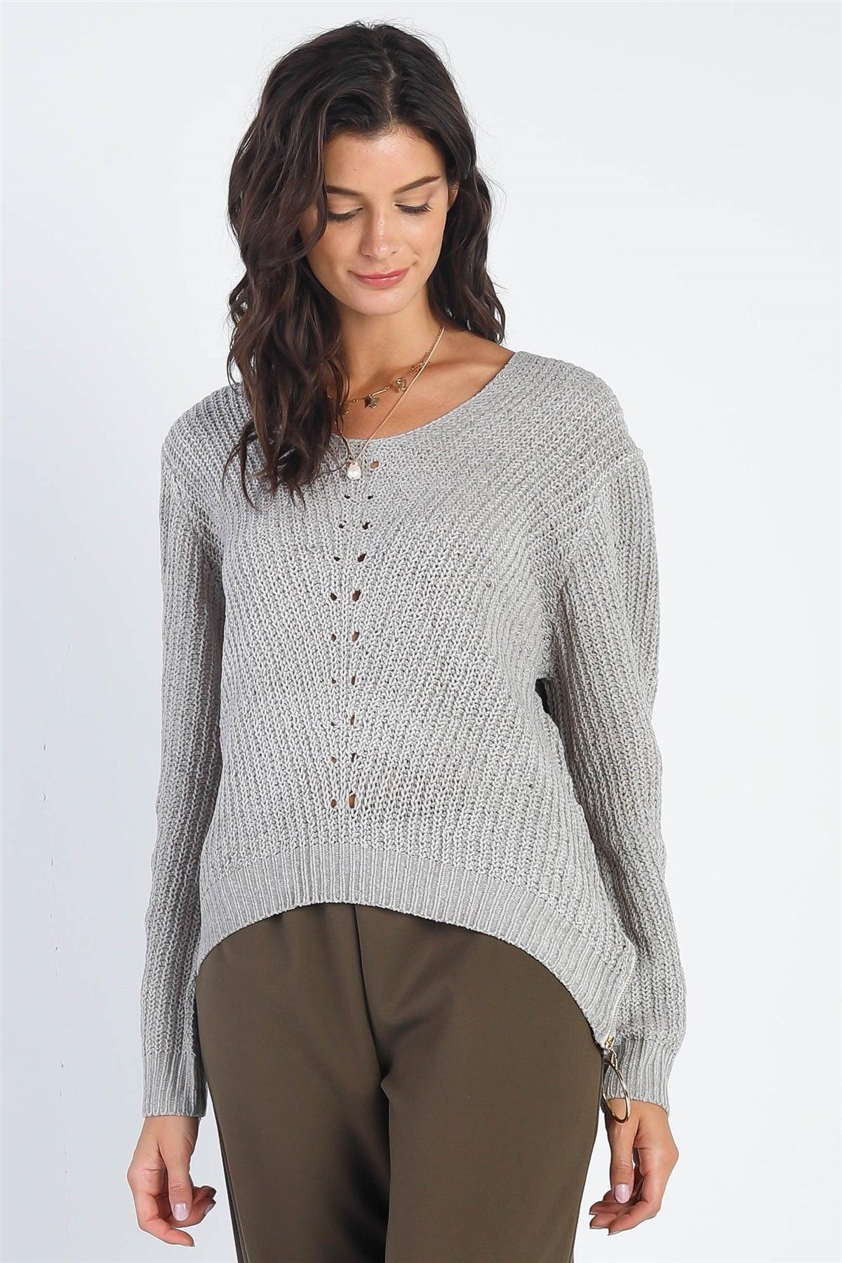 Light Grey Knit Zip-Down Detail Long Sleeve Sweater /4-2