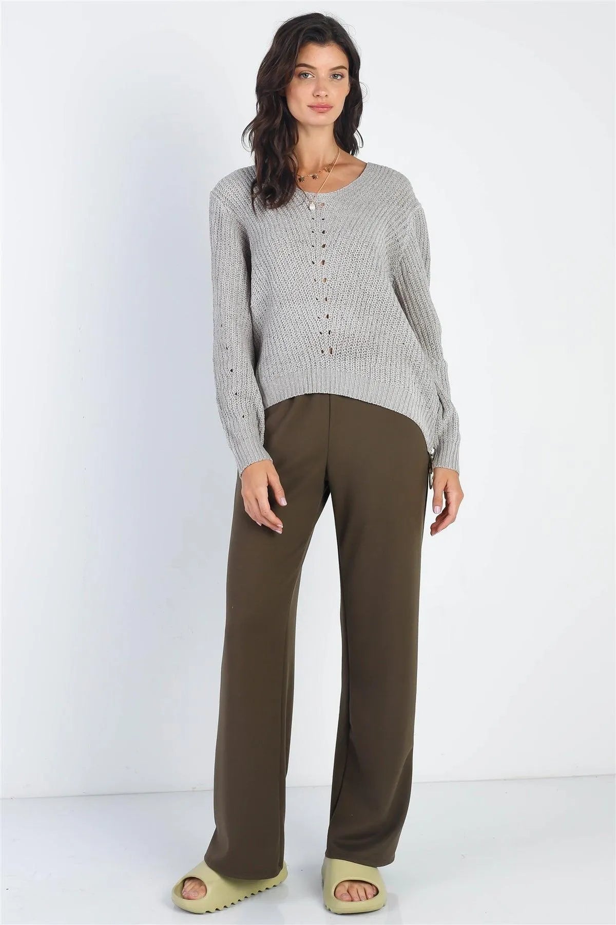 Light Grey Knit Zip-Down Detail Long Sleeve Sweater /4-2 - Tasha Apparel Wholesale