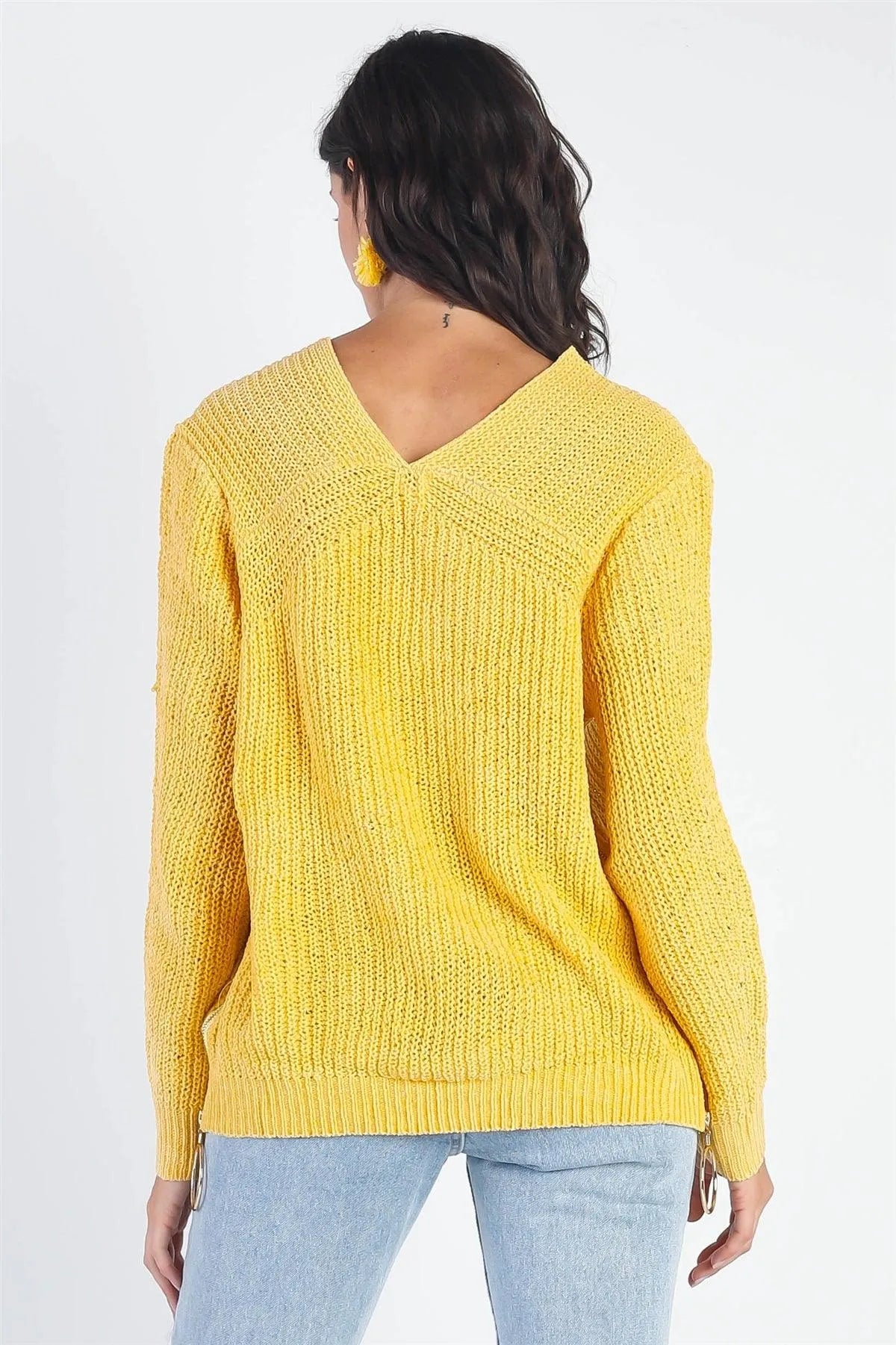 Yellow Knit Zip-Down Detail Long Sleeve Top - Tasha Apparel Wholesale
