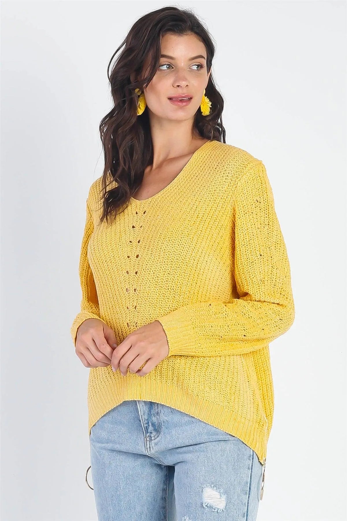 Yellow Knit Zip-Down Detail Long Sleeve Top - Tasha Apparel Wholesale
